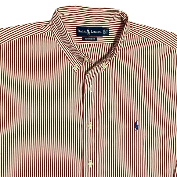 Ralph Lauren CLASSIC FIT STRIPED BUTTON DOWN SHIRT 17.5 34/35 RED WHITE EUC - Picture 4 of 6